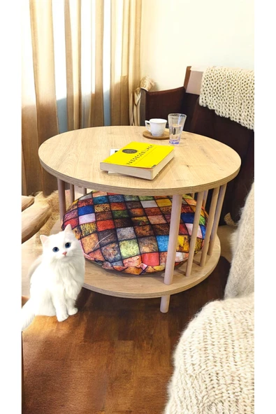 PEKA Kedi Köpek Yuvalı Yuvarlak Orta Sehpa Ahşap Ayaklı Sehpa Iki Raflı Sehpa Dekoratif Sehpa Gazetelikli - 1
