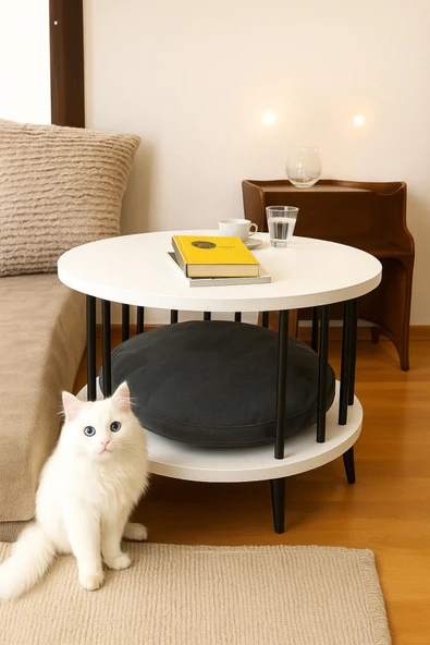 PEKA Çevir Kur Kedi Yuvalı Yuvarlak Orta Sehpa Ahşap Ayaklı Iki Raflı Dekoratif Sehpa - 1