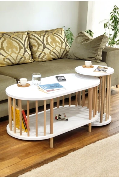 PEKA İkili Set Orta Sehpa Ahşap Ayaklı Sehpa iki Raflı Sehpa Dekoratif Sehpa Gazetelikli ürün görseli 1