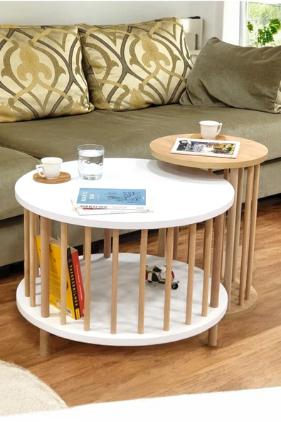 PEKA İkili Set Yuvarlak Orta Sehpa Ahşap Ayaklı Sehpa Iki Raflı Sehpa Dekoratif Sehpa Gazetelikli ürün görseli 1