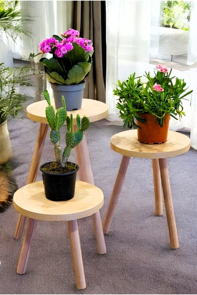 PEKA Ahşap Ayaklı 3’lü Saksılık Dekoratif Raf Çiçeklik Saksı Çiçek Standı - Resim 2