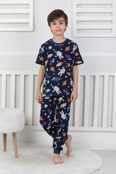 Kısa Kollu Astranot Temalı %100 Pamuk Erkek Çocuk Pijama Takımı - Resim 5