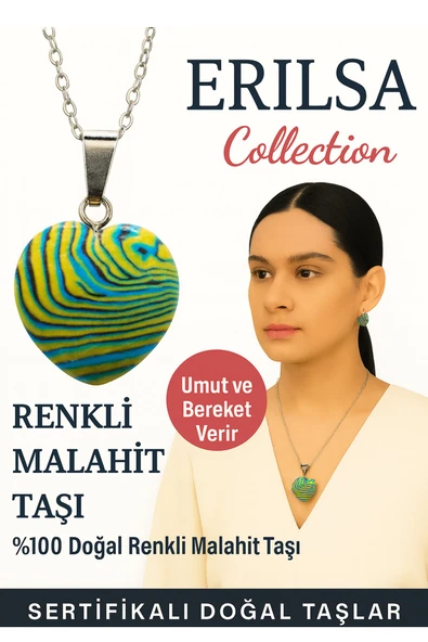 Sertifikalı Kalp Model Renkli Malahit Doğal Taş Kolye – Umut ve Bereket Verir ürün görseli