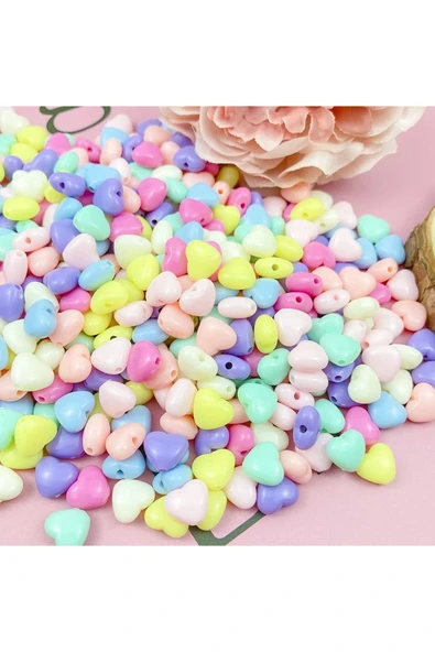20 gr (100 adet) Şeker Rengi Akrilik Kalp Boncuklar Renkli Karışık Plastik Pastel Boncuklar Ara Boncuk Kalp Şekilli Koly - Resim 6