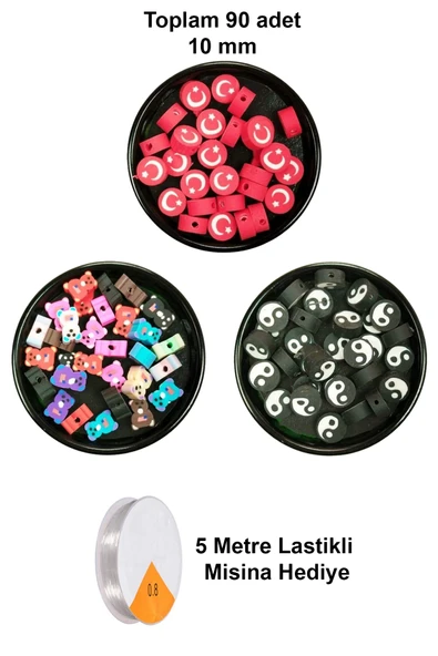90 Adet 10 mm Polimer Kil Fimo Boncuk Takı Bileklik + 5 Metre Misina Hediye - Ayıcık - Bayrak - Yin Yang ürün görseli