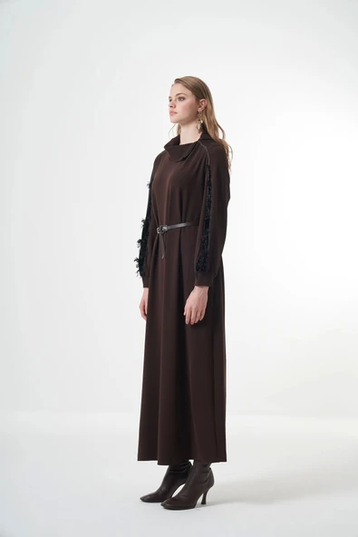 Misswhence Kadife Detaylı Elbise  38800 kahverengi ürün görseli 1