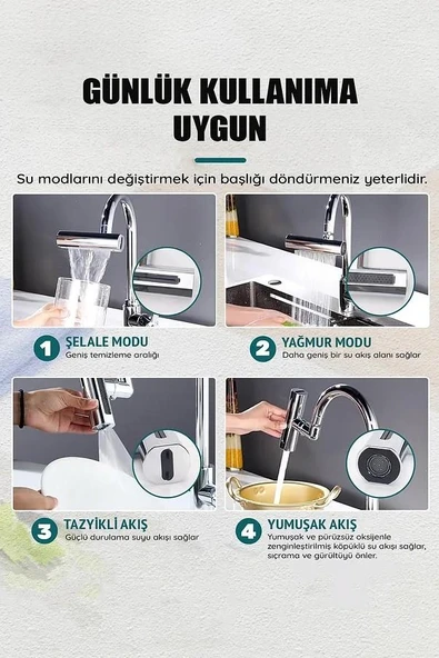 Krom Tasarruflu 4 Modlu Ayarlanabilir Musluk Başlığı Lavabo Batarya Fıskiye Ucu Perlatör - 3