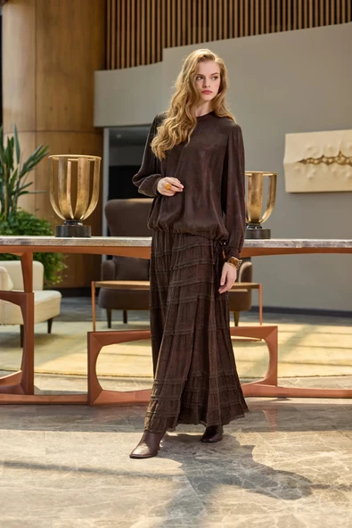 Misswhence Cupro Dantelli Etek Takım 38025 kahverengi - Resim 7