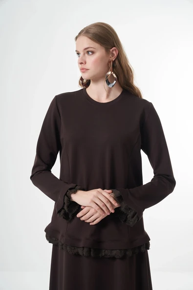 Misswhence Güpür Detaylı Etek Takım  38004kahverengi - Resim 4