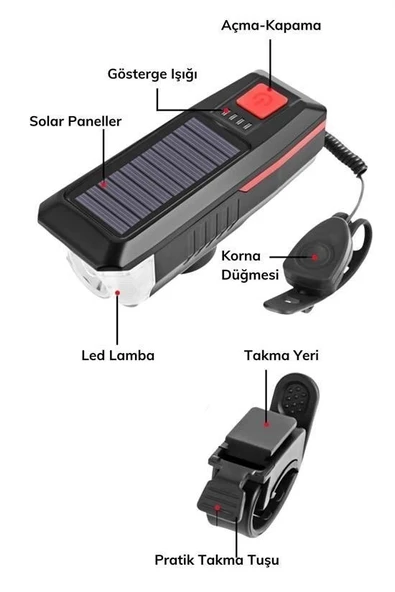Solar Ledli Bisiklet Feneri Kornalı  USB ile Şarj Edilebilir  Su Geçirmez Far - Resim 2