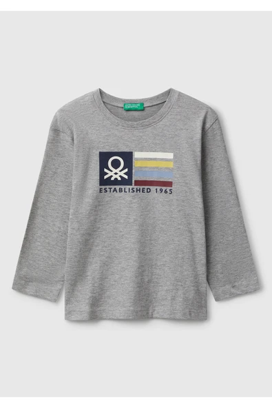 Erkek Çocuk Organik Pamuklu Önü Logo Baskılı Uzun Kollu Jarse T-shirt - 4
