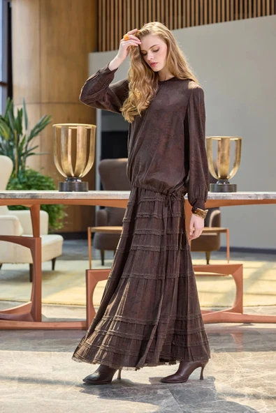 Misswhence Cupro Dantelli Etek Takım 38025 kahverengi - Resim 5