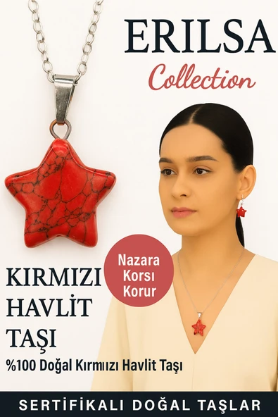 Sertifikalı Yıldız Model Kırmızı Havlit Doğal Taş Kolye – Nazara Karşı Korur ürün görseli