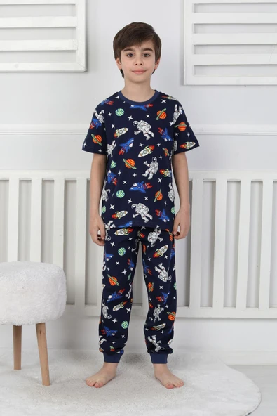 Kısa Kollu Astranot Temalı %100 Pamuk Erkek Çocuk Pijama Takımı - Resim 4