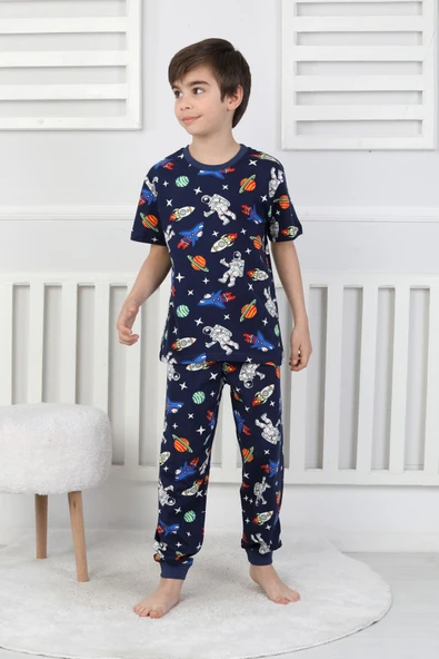 Kısa Kollu Astranot Temalı %100 Pamuk Erkek Çocuk Pijama Takımı - Resim 7