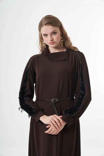 Misswhence Kadife Detaylı Elbise  38800 kahverengi - Resim 4