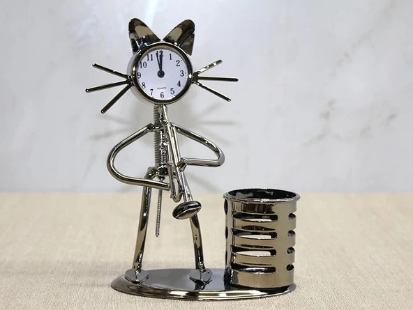 Metal Saksafon Çalan Kedi Müzisyen Saat Ve Kalemlik Alk4346 - 1