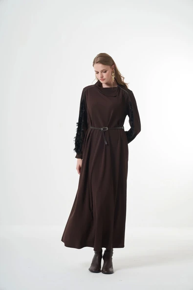 Misswhence Kadife Detaylı Elbise  38800 kahverengi - Resim 2