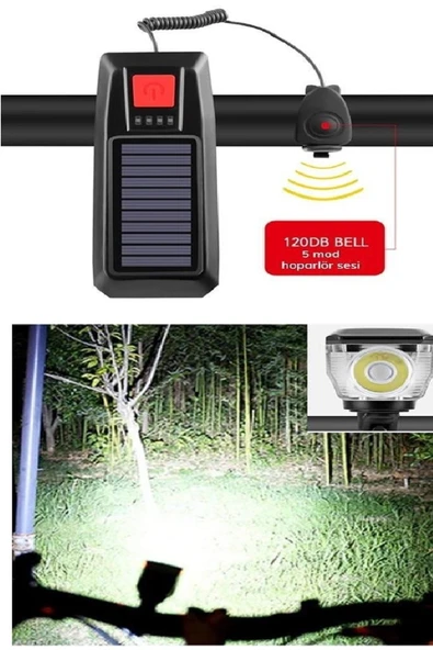 Solar Ledli Bisiklet Feneri Kornalı  USB ile Şarj Edilebilir  Su Geçirmez Far - Resim 3