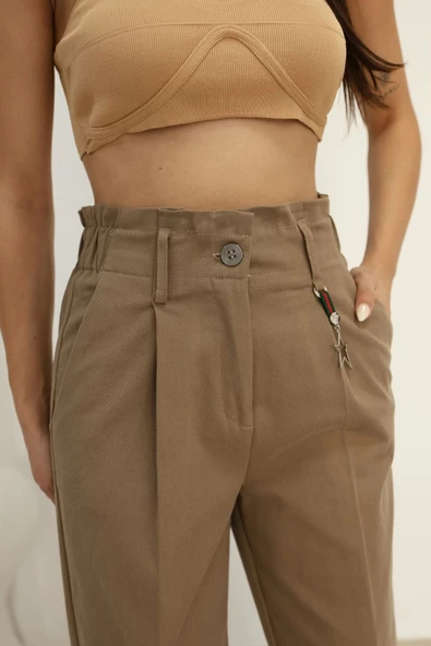 Aksesuar Detaylı Pileli Gabardin Kumaş Pantolon 5807-Haki - Resim 5