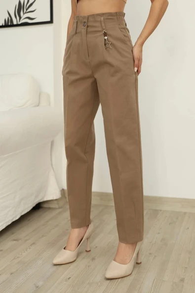 Aksesuar Detaylı Pileli Gabardin Kumaş Pantolon 5807-Haki - Resim 3