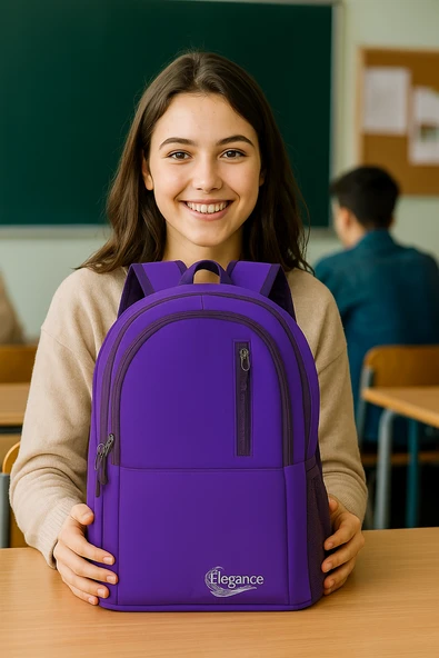Elegance Unisex Geniş Hacimli Çok Gözlü Su Geçirmez Lise Ortaokul İlkokul Okul Çantası Mor - 2