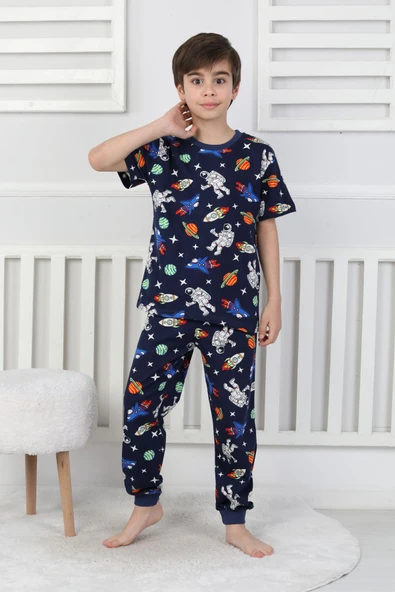 Kısa Kollu Astranot Temalı %100 Pamuk Erkek Çocuk Pijama Takımı - Resim 6
