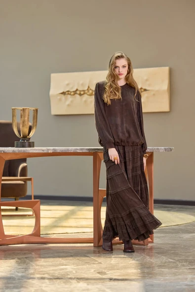 Misswhence Cupro Dantelli Etek Takım 38025 kahverengi ürün görseli 1