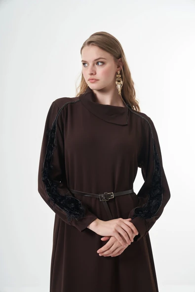 Misswhence Kadife Detaylı Elbise  38800 kahverengi - Resim 5