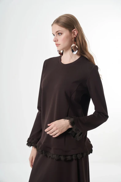 Misswhence Güpür Detaylı Etek Takım  38004kahverengi - Resim 3