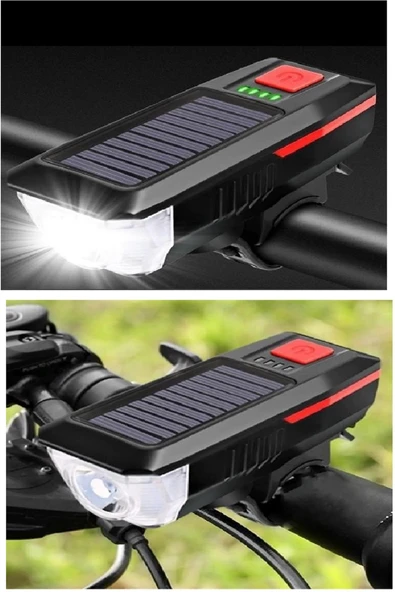 Solar Ledli Bisiklet Feneri Kornalı  USB ile Şarj Edilebilir  Su Geçirmez Far ürün görseli