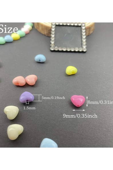 60 gr (300 adet) Şeker Rengi Akrilik Kalp Boncuklar Renkli Karışık Plastik Pastel Boncuklar Ara Boncuk Kalp Şekilli Koly - Resim 3