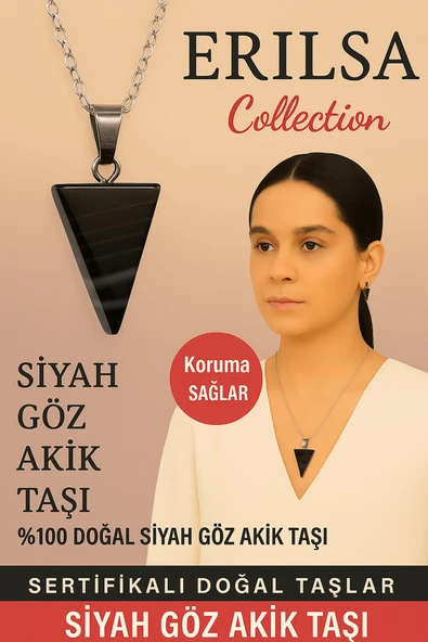 Sertifikalı Piramit Model Siyah Göz Akik Taşı Kolye - Koruma Sağlayan Doğal Taş ürün görseli