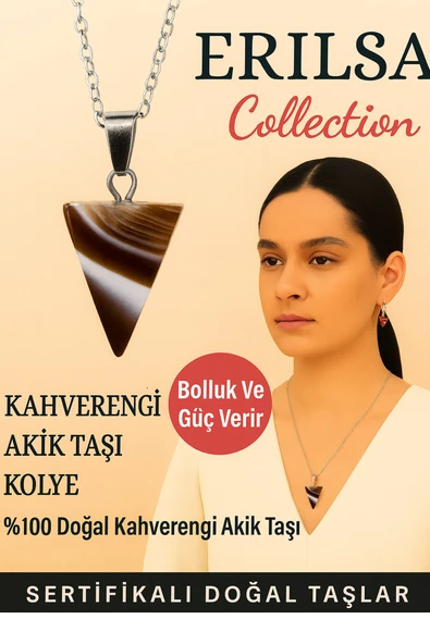 Sertifikalı Piramit Model Kahverengi Akik Taşı Kolye - Bolluk ve Güç Veren Doğal Taş Takı ürün görseli