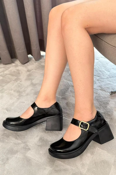 Kadın Sofya Siyah Rugan 6 cm Tek Baretli Topuklu Lofer Ayakkabı - 2