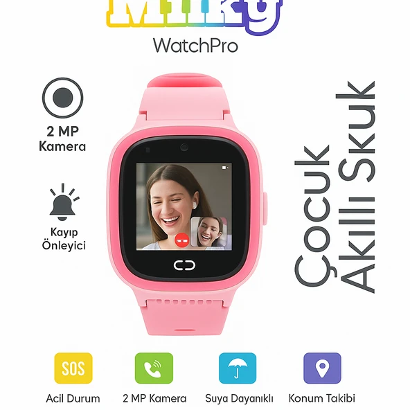 Milky Watch Pro 4G LTE Çocuk Akıllı Saati, 2MP Kamera, GPS Takibi, Koldan Çıkarma Sensörü, Suya Dayanıklı, SOS Butonu, Görüntülü Arama