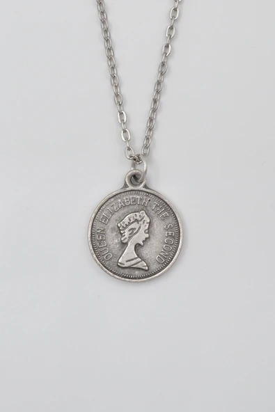 Kraliçe Elizabeth II (Genç Portre) Düz Ezme Zincir Kolye - Antik Gümüş Kaplama - Kadın Erkek - 60 cm ürün görseli 1