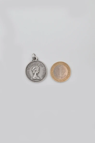 Kraliçe Elizabeth II (Genç Portre) Düz Ezme Zincir Kolye - Antik Gümüş Kaplama - Kadın Erkek - 60 cm - Resim 5