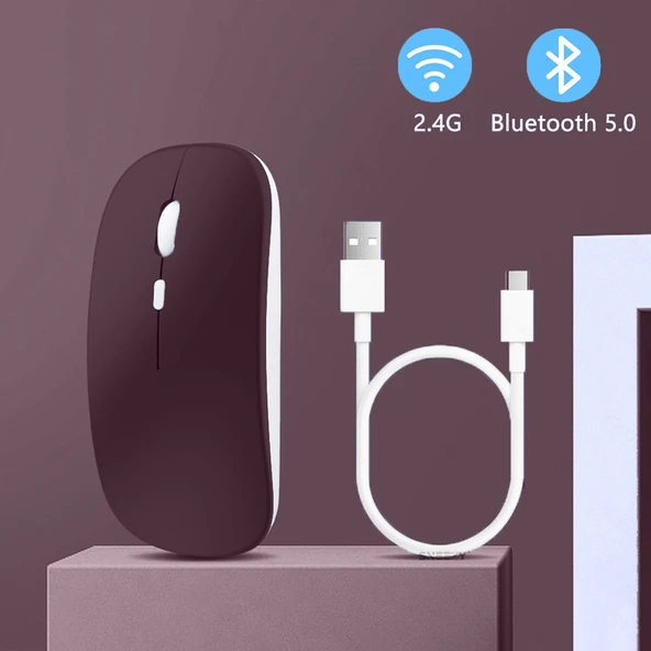 Honor Tablet Şarj Edilebilir Sessiz Mouse Bluetooth + 2.4Hz Wifi Kablosuz Mouse Fare  Mürdüm - Resim 3