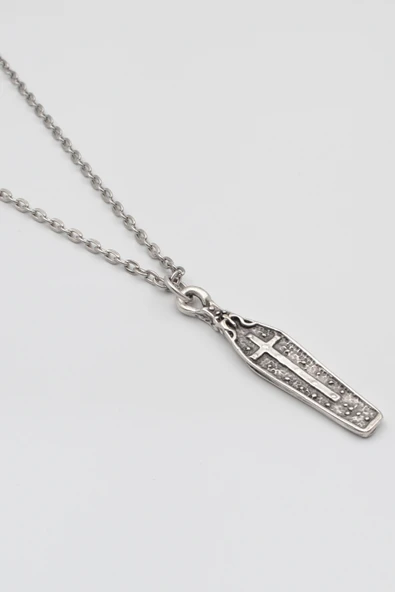 Gotik Haçlı Tabut Düz Ezme Zincir Kolye - Antik Gümüş Kaplama - Kadın Erkek - 60 cm - Resim 2