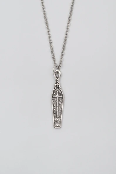 Gotik Haçlı Tabut Düz Ezme Zincir Kolye - Antik Gümüş Kaplama - Kadın Erkek - 60 cm ürün görseli 1