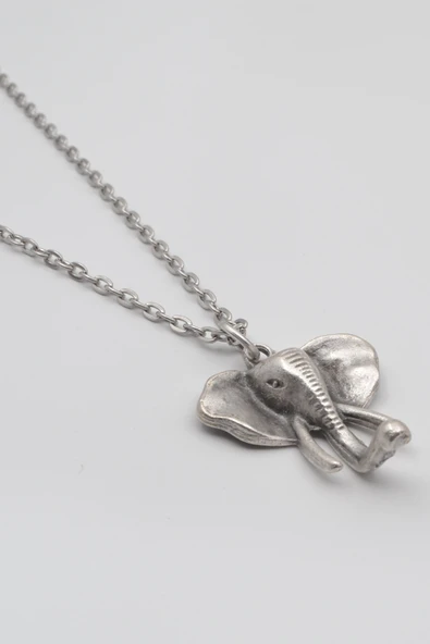 Fil Kafası KolyeDüz Ezme Zincir Kolye - Antik Gümüş Kaplama - Kadın Erkek - 60 cm - Resim 2