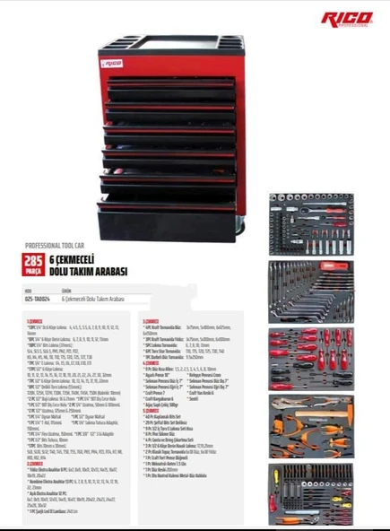 Rico 025-TA0024 6 Çekmeceli 285 Parça Dolu Takım Dolabı - Resim 2