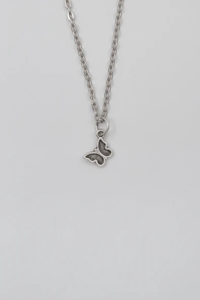 Minimalist Kelebek Düz Ezme Zincir Kolye - Antik Gümüş Kaplama - Kadın Erkek - 60 cm ürün görseli 1