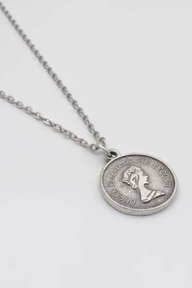 Kraliçe Elizabeth II (Genç Portre) Düz Ezme Zincir Kolye - Antik Gümüş Kaplama - Kadın Erkek - 60 cm - Resim 2