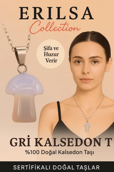 Sertifikalı Mantar Model Gri Kalsedon Taşı Kolye Huzur ve Denge Veren Doğal Kolye ürün görseli