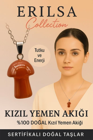 Sertifikalı Mantar Model Kızıl Yemen Akik Taşı Kolye - Tutku ve Enerji Veren Doğal Taş ürün görseli