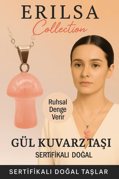 Sertifikalı Mantar Model Gül Kuvars Taşı Kolye - Ruhsal Denge Veren Doğal Taş Kolye ürün görseli