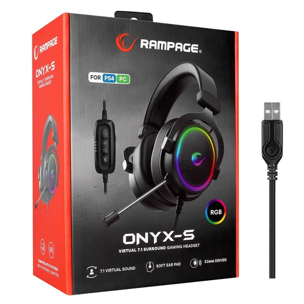 RAMPAGE ONYX-S SIYAH USB 7.1 VER RGB LED+SES KONTROLLÜ OYUNCU KULAKLIK - 3