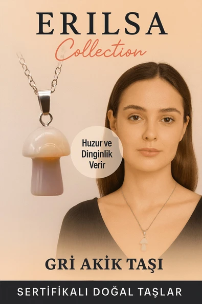 Sertifikalı Mantar Model Gri Akik Taşı Kolye - Huzur ve Dinginlik Veren Doğal Taş ürün görseli